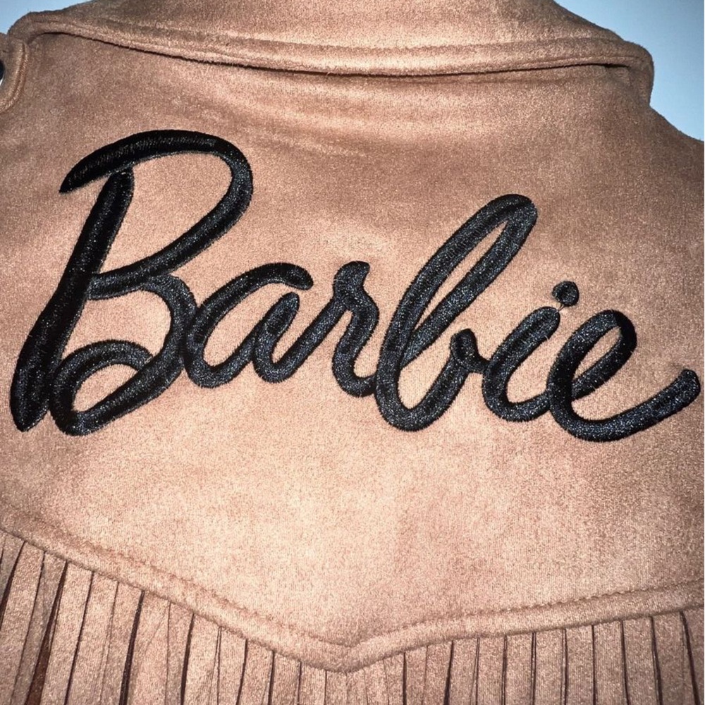 Barbie x Missguided Tan Faux Suede Logo Fringe Biker Jacket - Picture 5 of 6